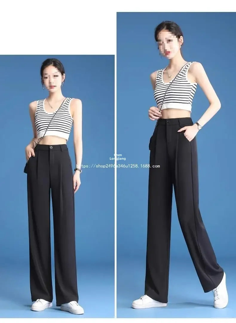 Plus Size High-waisted Thin Black Casual Trousers Women's Summer Ice Silk Bell Bottoms Straight-leg Pants For Ladies