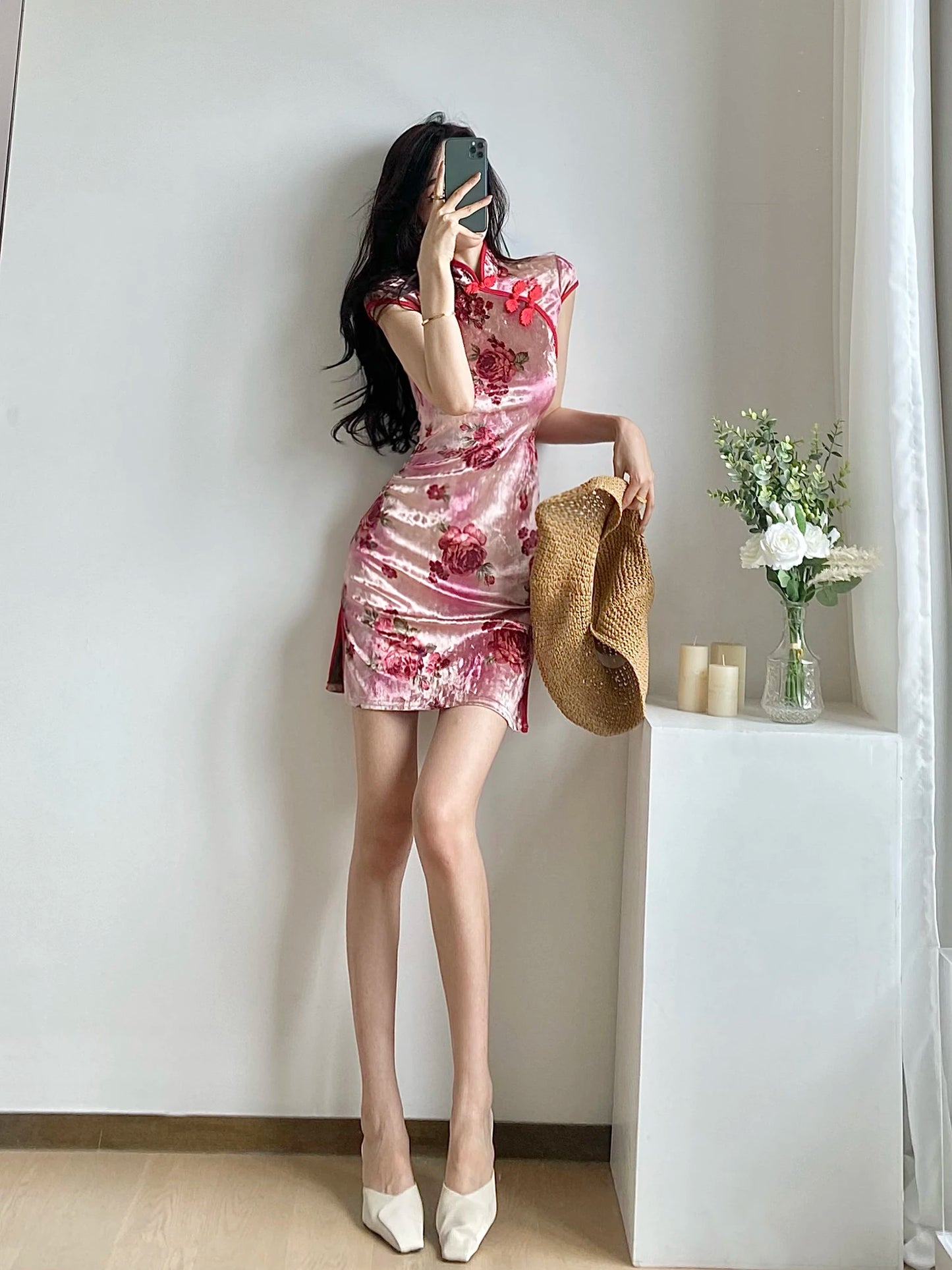 Chinese Dress Pink Sexy Qipao Dresses Cheongsam Dress Velvet Retro Printed Cheongsams Mini Qipao China Dress Robe Chinoise - Seprincess