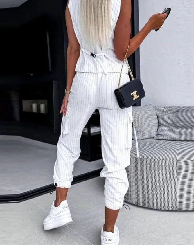 V-neck Striped Vest Two Piece Set Women Casual Street Button Sleeveless Vest Pocket Long Pants 2 Piece Sets For Women Outfits - Seprincess