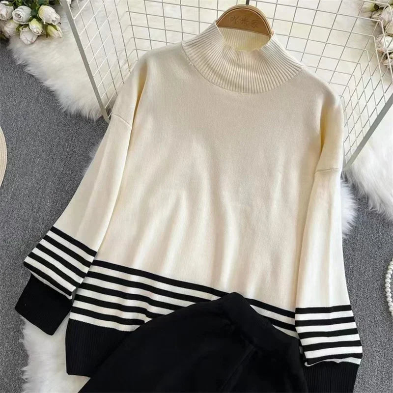 Half High Collar Stripe Stitching Pullover Sweater Womens Korean High Waist Straight Wide Legs Knitted Two Piece Set Sweatshirts - Seprincess