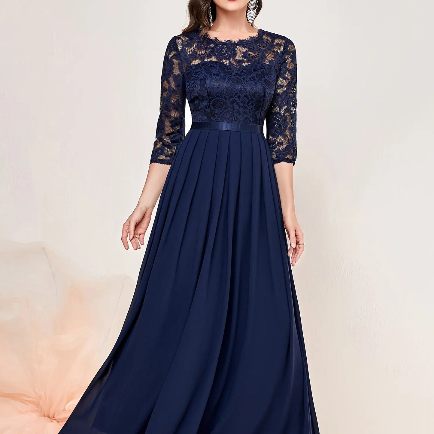 Contrast Lace Pleated Elegant Solid 3/4 Sleeve Party Maxi Formal Evening Dress - Seprincess