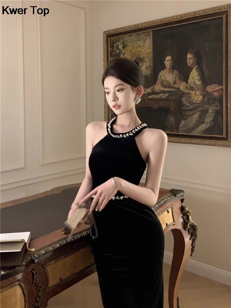 Woman Sexy Backless Bow Black Mermaid Dresses French Vintage Temperament Party Dress Ladies Chic Luxury Velvet Robe - Seprincess