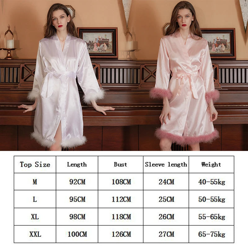 Women Feather Robe With Fur Sleepwear Bride Morning Satin Robes Nightgown Dress Elegant Wedding Bridesmaid Robe Gown Bathrobe - Seprincess