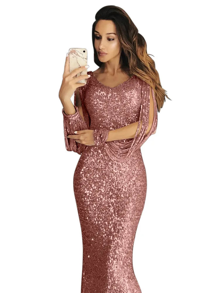 Spring 2022 Women Fashion Elegant Sequins Solid Color Maxi Wedding Evening Party Dress Female Long Tassel Sleeve Bodycon Dresses - Seprincess