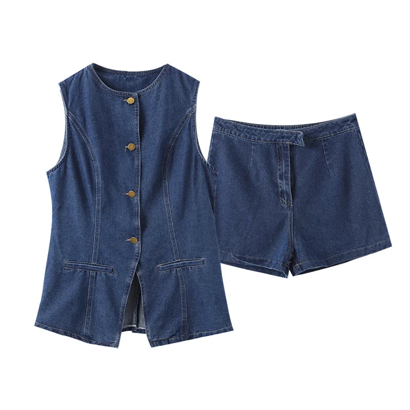 Casual Denim Shorts Sets for Women Sleeveless Single Breasted Split Top Vest High Waist Wide Leg Shorts Suit Female Lady Set - Seprincess