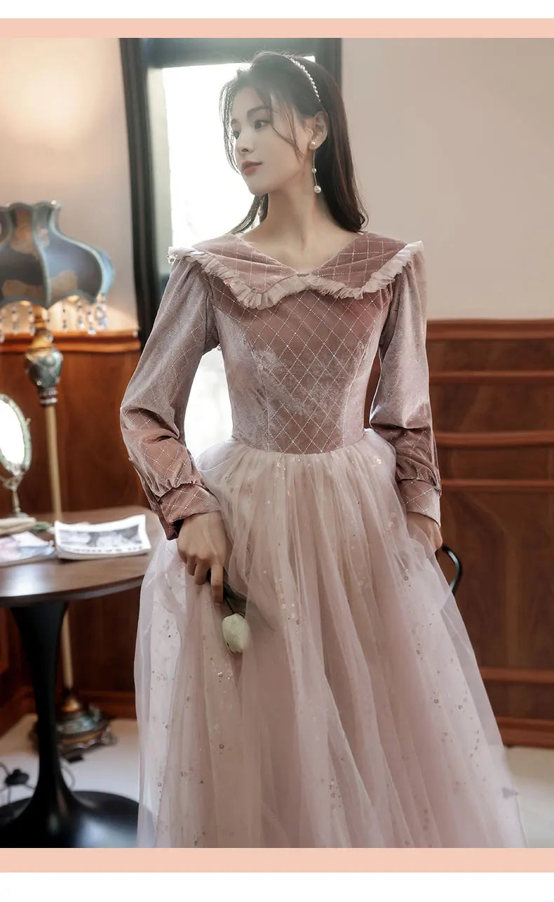 2022 New 4 Styles Bridesmaid Dress Bow Retro Elegant Long-sleeved Chic Temperament Long Evening Dress For Wedding Women Guest - Seprincess