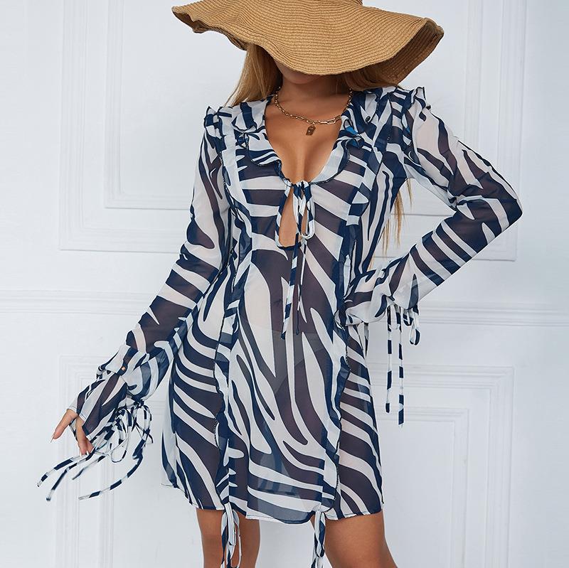 Zebra-Striped Long Sleeve Mini Beach Dress Holiday Casual Party Ruffle Collar Tie Up Short Dress Women Sexy A-Line Dress - Seprincess