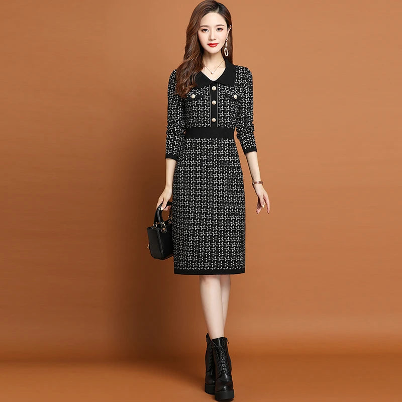 Office Lady Korean Fashion Knitted Solid Slim Dress Women's Winter Long Sleeve Warm Elegant Knee Length Tunics - Seprincess