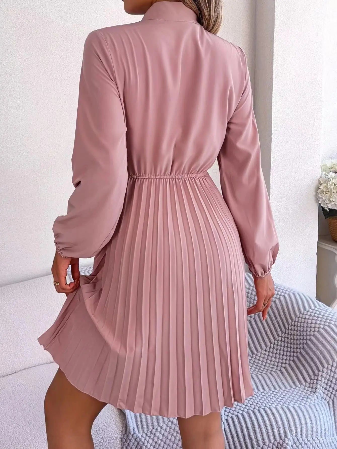 2024 Women's Dresses New in Spring Summer Autumn Winter New Fashion Pure Color Lace Up Long Sleeve Elastic Waist Party Pleated - Seprincess