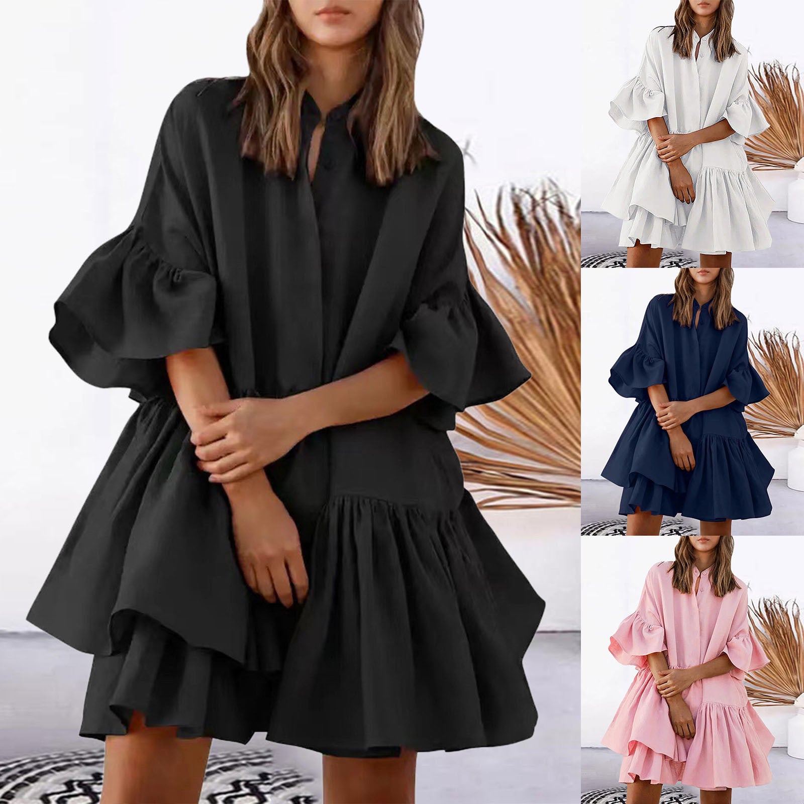 Women Dresses Tie Front Elastic Waist Tiered Ruffle Layer Floral Balloon Vintage Elegant Long Sleeve V Neck Dress Female - Seprincess