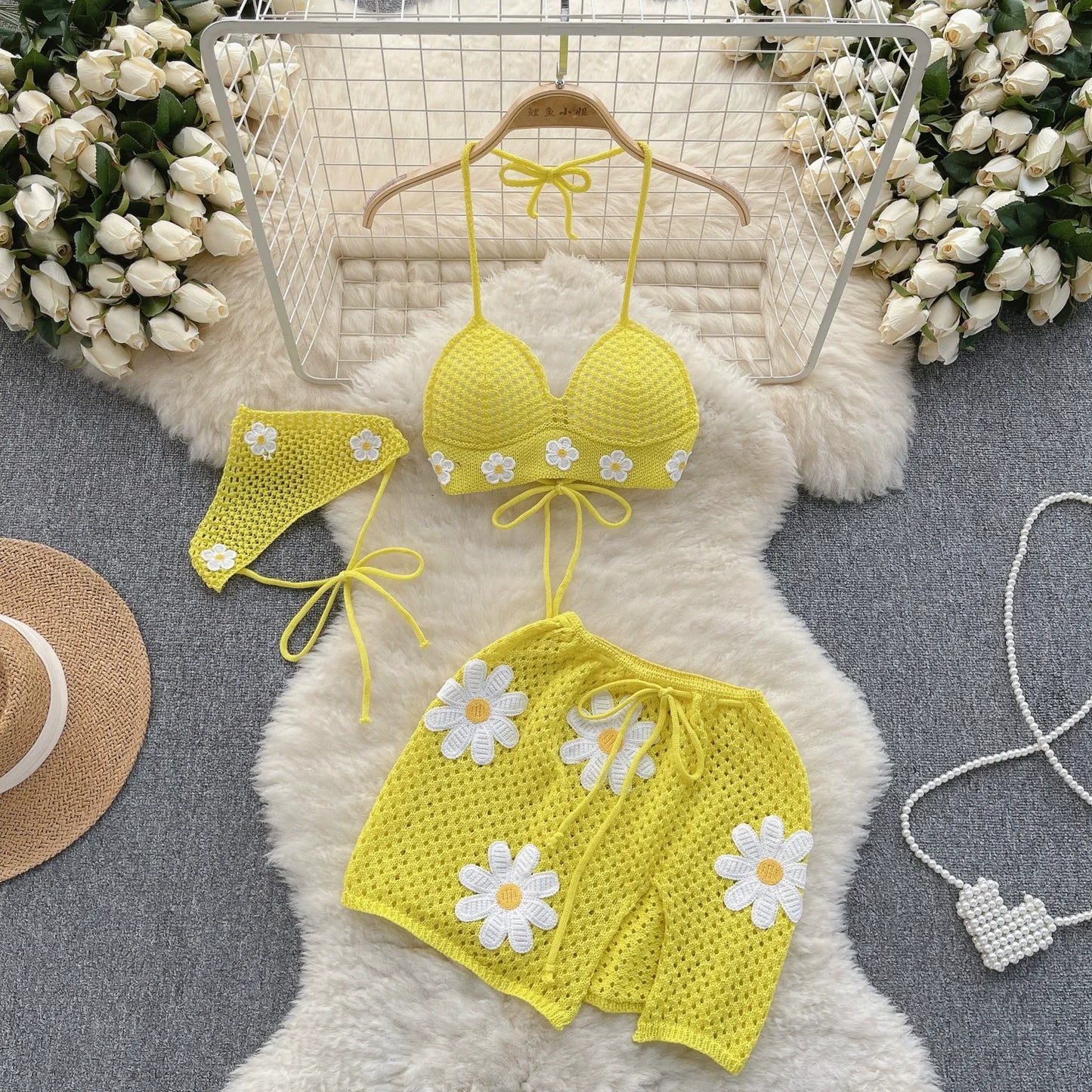 SINGREINY Korean Hollow Out Knitted Suits Women Halter Lace Up Bow Backless Tank Top+Drawstring Split Mini Skirt Two Pieces Sets - Seprincess