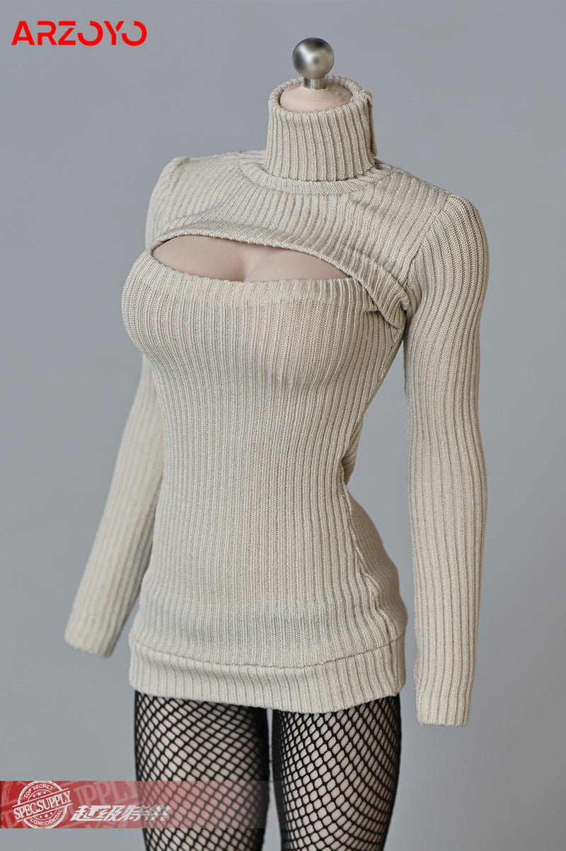 1/6 Female Soldier Sweater Slim Elastic High Neck Knit Pullover Sexy Open Chest Tops Mini Sweater Dress for 12" Action Figure - Seprincess