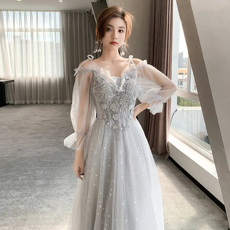 Grey Bridesmaid Dresses Elegant Women Applique Off The Shoulder Floor Length Tulle Wedding Party Dress Formal Prom Gowns - Seprincess