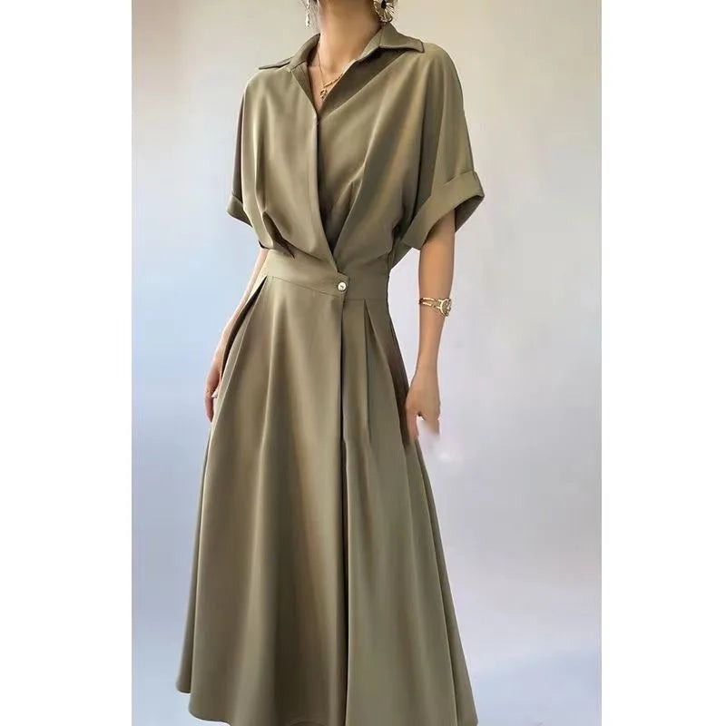 Women Solid Color Long Shirts Dress Summer Turn-down Collar Short Sleeve Party Dress Female Casual Evening Maxi Dresses Vestidos - Seprincess