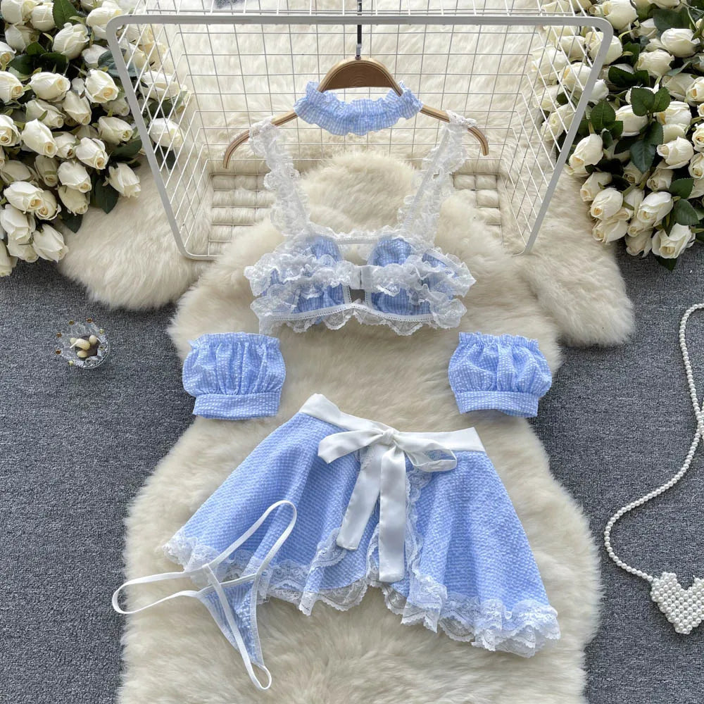 SINGREINY Maidservant Apron Dress Ladies Lace Sweet Erotic Three Pieces Sets Fashion Korean Style Plaid Cosplay Sexy Night Suits - Seprincess