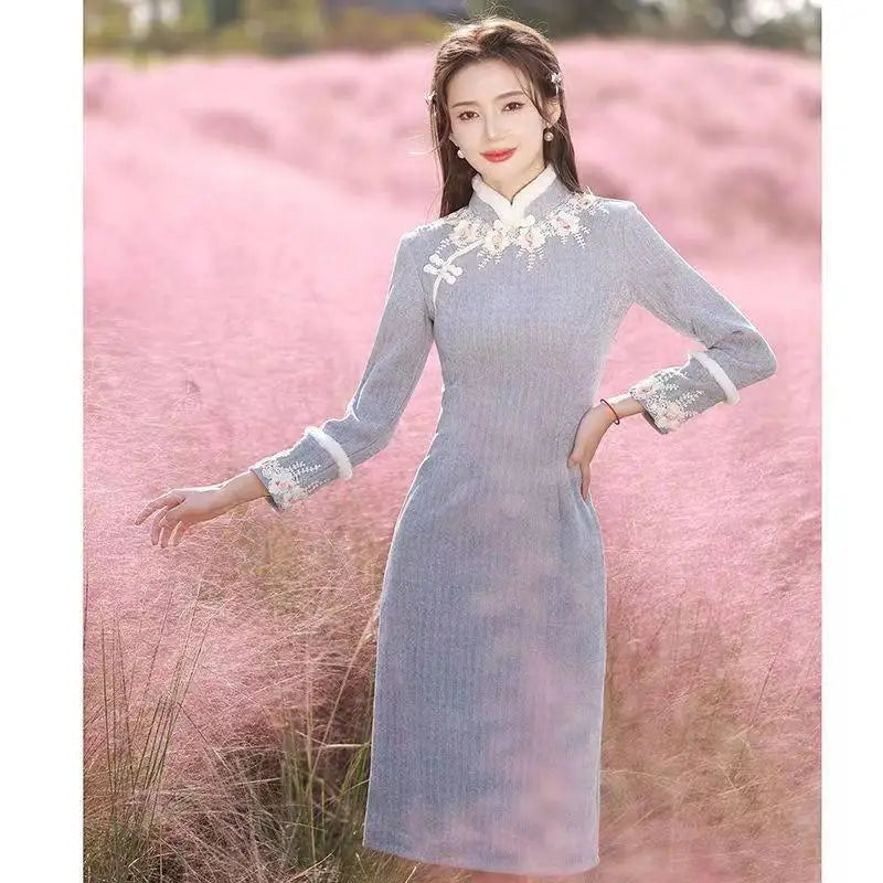 Chinese Traditional Qipao Dress Cheongsam Women's Clothing Autumn Winter Gentle Flower Temperament Elegant Embroidery Vintage - Seprincess