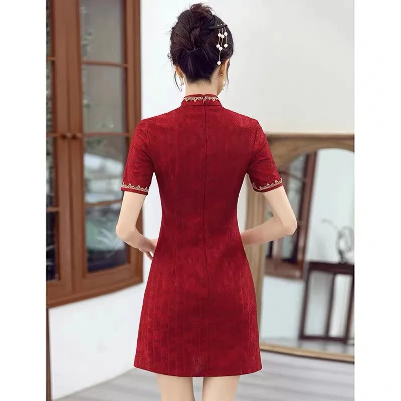 Traditional Chinese Clothing Red Cheongsam Summer New Modern Improved Young Short Qipao Dress New Year CNY - Seprincess