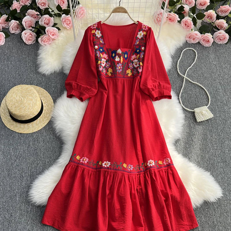 Spring/Summer Women's Travel Vacation Vintage Long Dress Bohemian Ethnic Style Embroidered Waist Tie up Cotton and Linen Dress ? - Seprincess