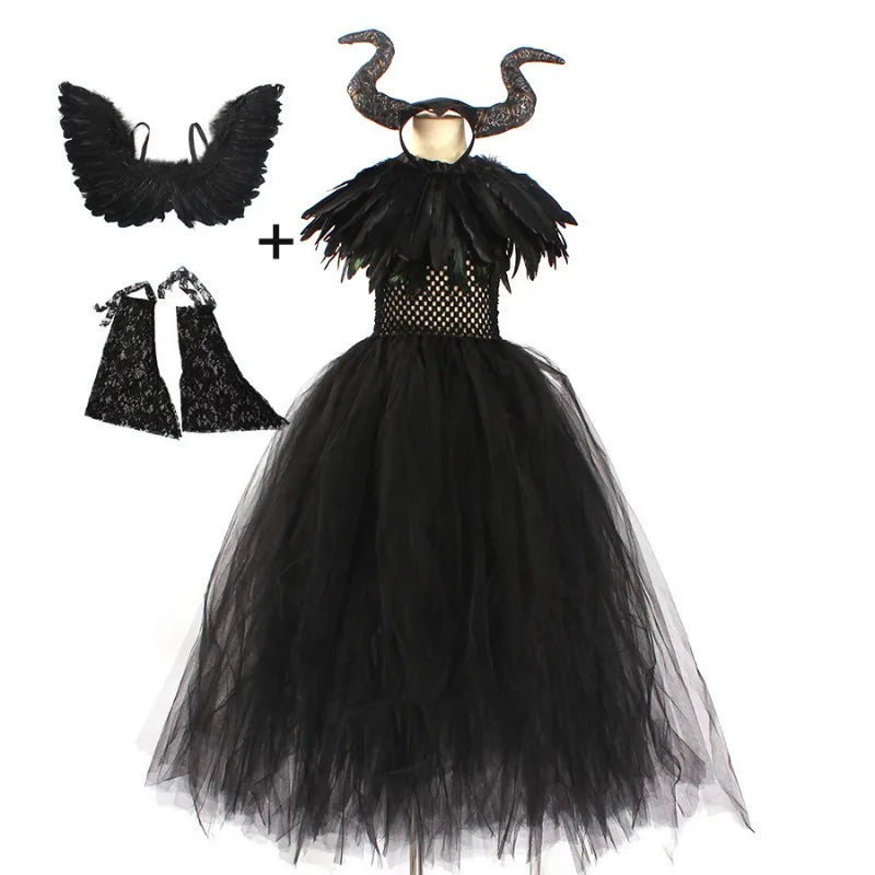 Halloween Costume for Kids Halloween Fantasy Vampire Costume Girls Long Tutu Dress Kids Carnival Outfit Gothic Feather Clothes - Seprincess