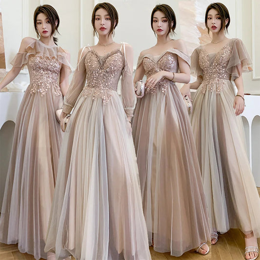 4 styles Champagne Pink Bridesmaid Dress Women's Elegant Off Shoulder Ruffles Sleeves Gown Sequins Flower Applique Vestido - Seprincess