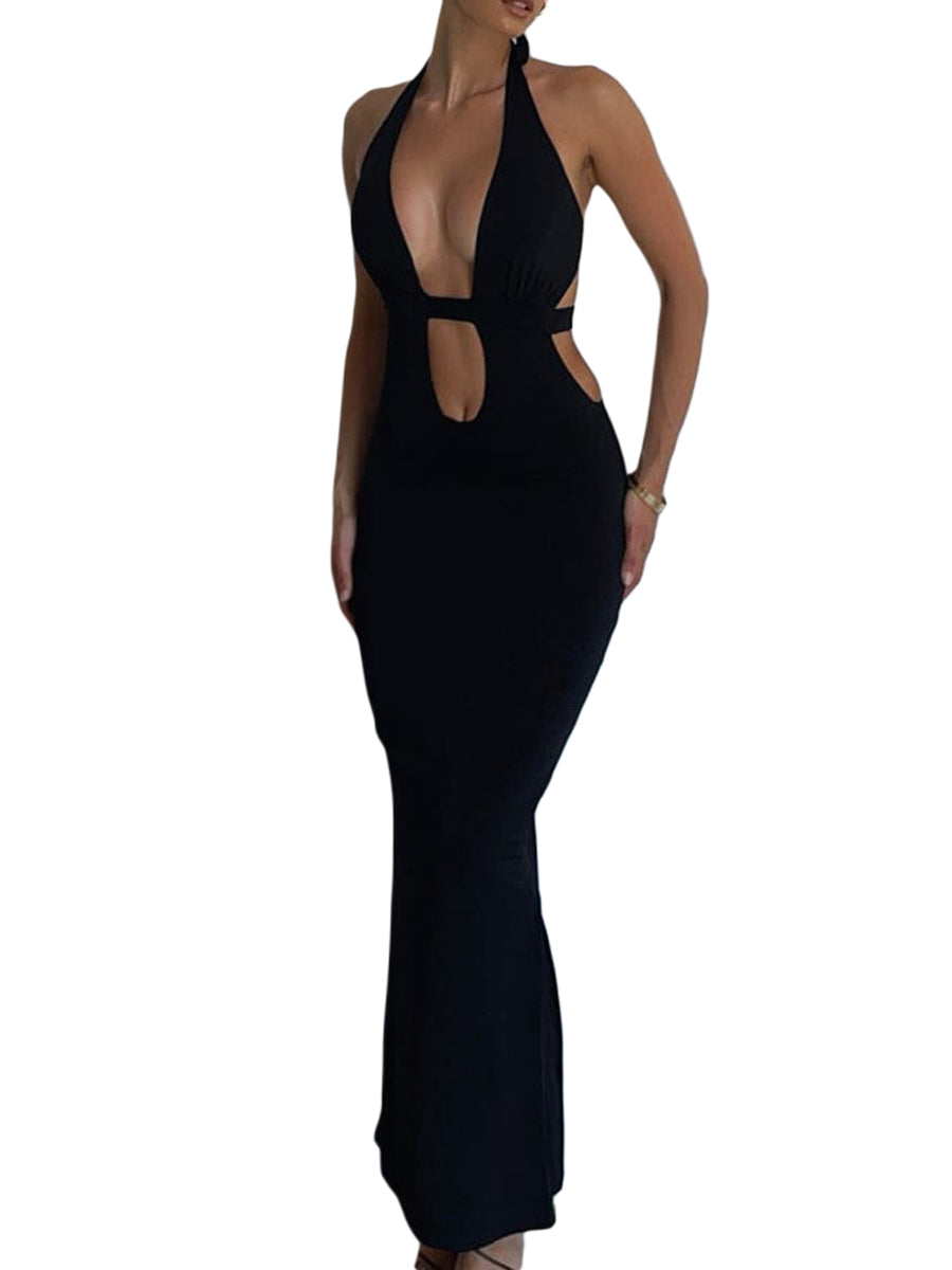 Sexy Cutout Halter Neck Backless Maxi Dress Tie-Up Black Elegant Cocktail Party Dresses for Women Clothing 2023 Autumn Fashion - Seprincess