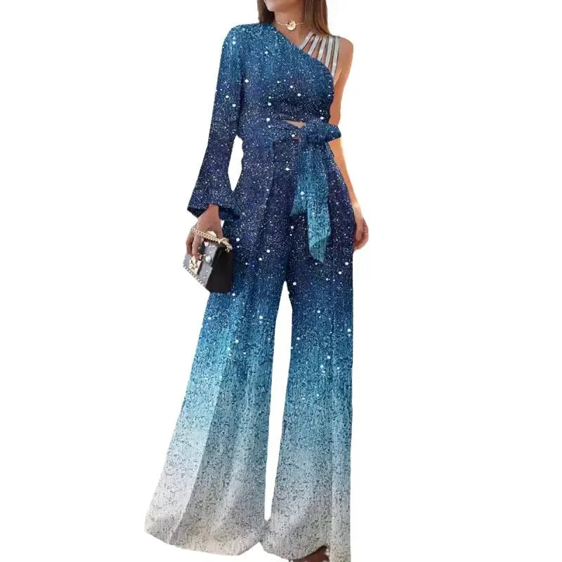 Elegant Two 2 Piece Sets Women Outfits Off-the-shoulder Sequin Tops and High-waisted Plus-size Wide-leg Pants Set Women's Set - Seprincess