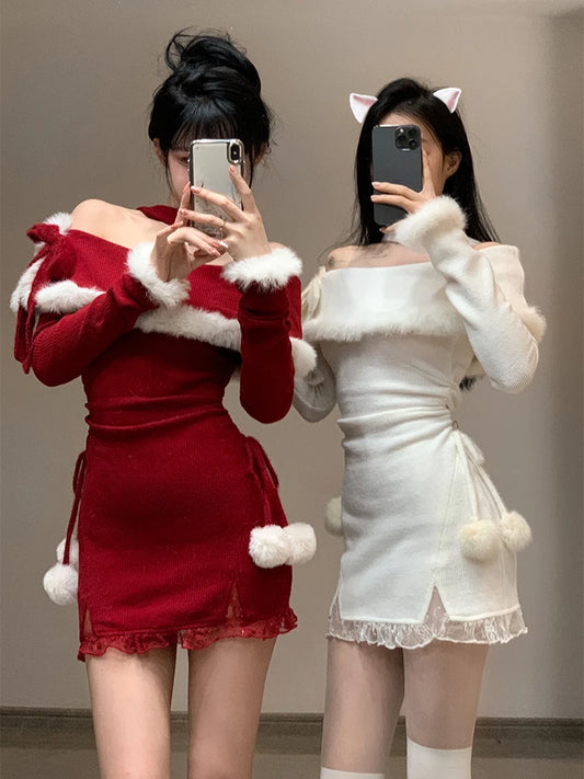 2023 Winter Christmas Bodycon Knitted Mini Dress Women Casual Long Sleeve Sweet Elegant Even Party One Piece Dress Korean Fur - Seprincess