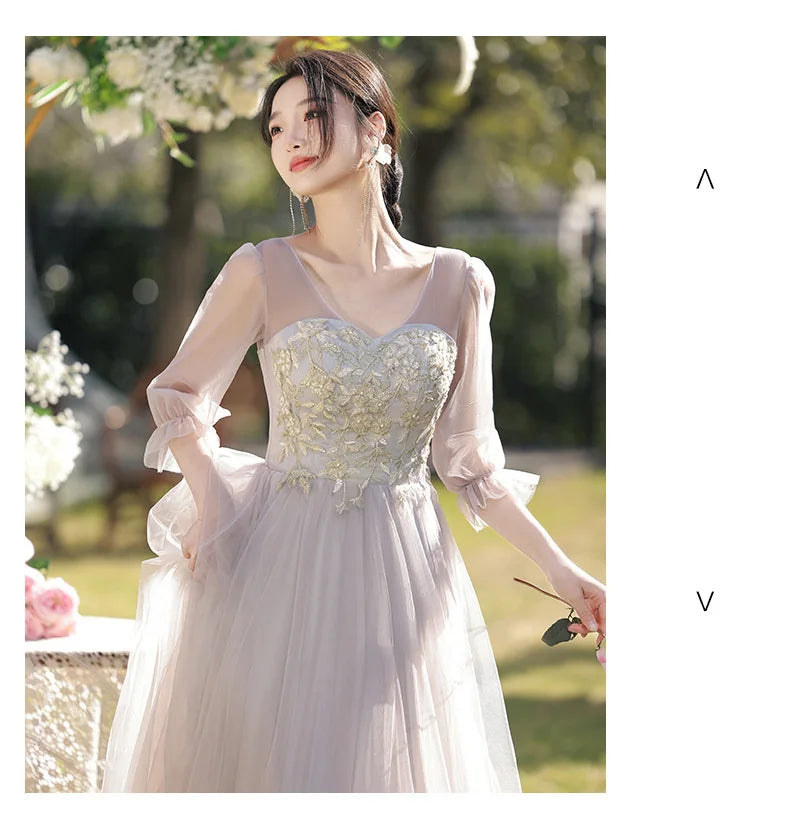 Temperament Grey Bridesmaid Dress Long Wedding Sisters Group Gown Elegant Applique Tulle Off Shoulder Banquet Party Vestido