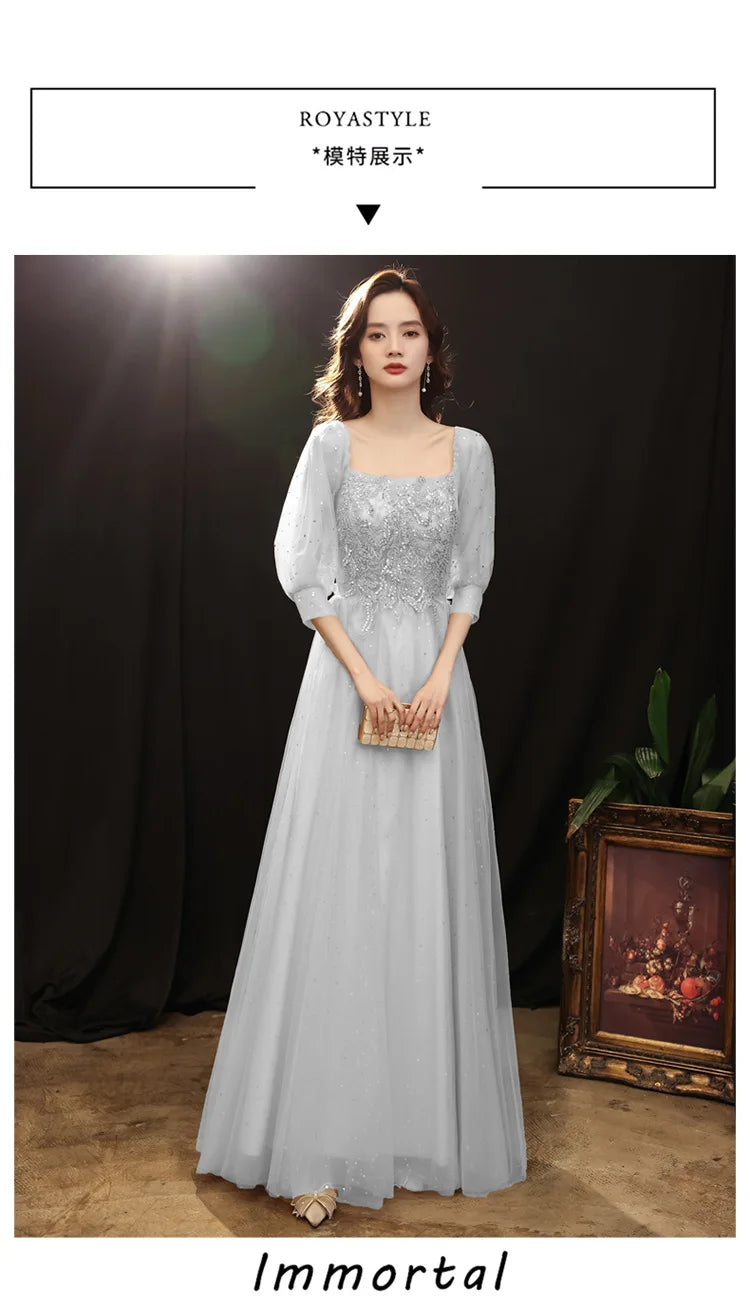 Grey Shining long lady girl women princess banquet party ballbridesmaid performance prom dress performance gown - Seprincess