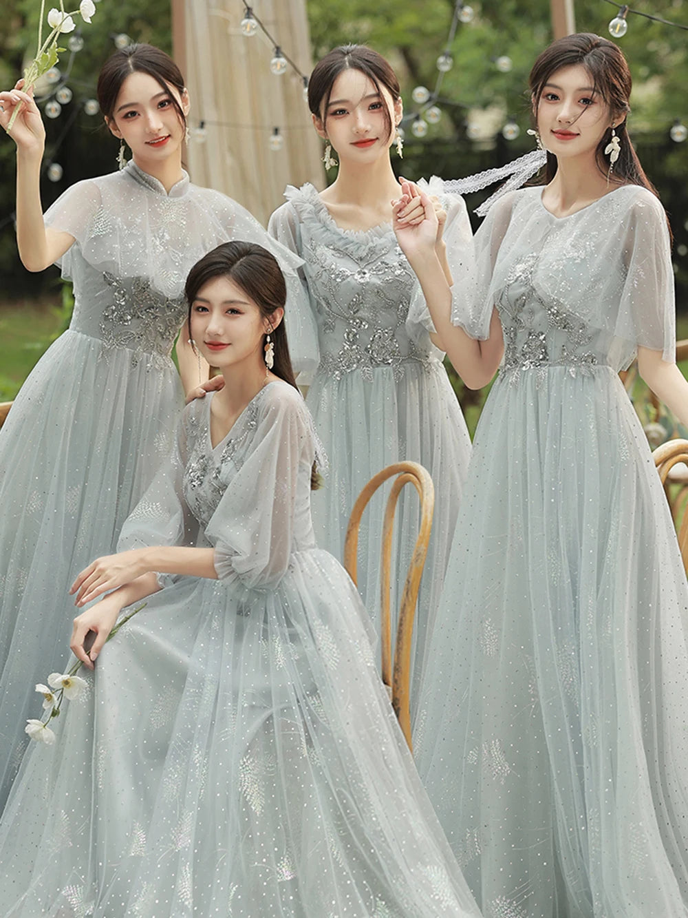 4 Styles Grey Bridesmaid Dress Women's Elegant V-neck Sequins Shawl Collar Slim A-line Gown Light Luxury Wedding Party Vestido - Seprincess