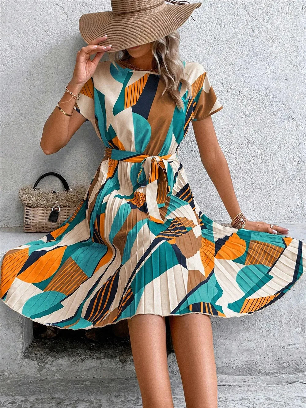 Elegant Print Lace-up Dress Summer Women Round Neck Pleated Medium Long Dress - Seprincess