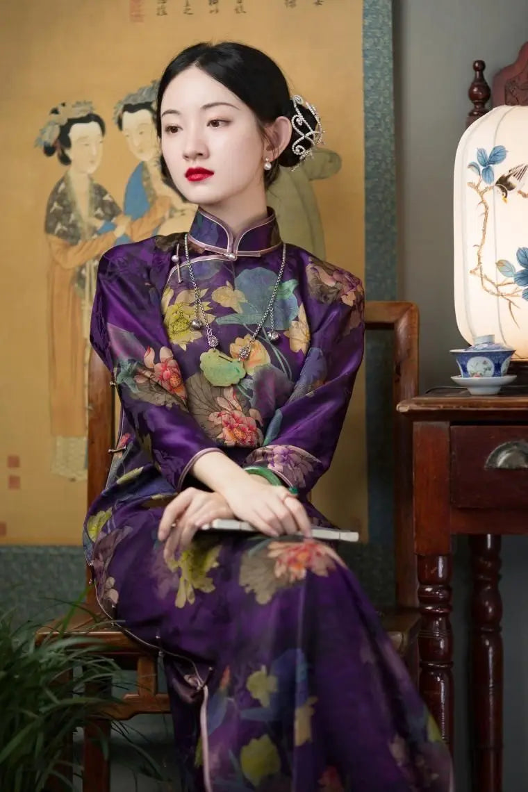 Spring Elegant Satin Stand Collar Purple Floral Printed Ball Gown Chinese Traditional Cheongsam Dress תחפושות לנשים לפורים 2023 - Seprincess