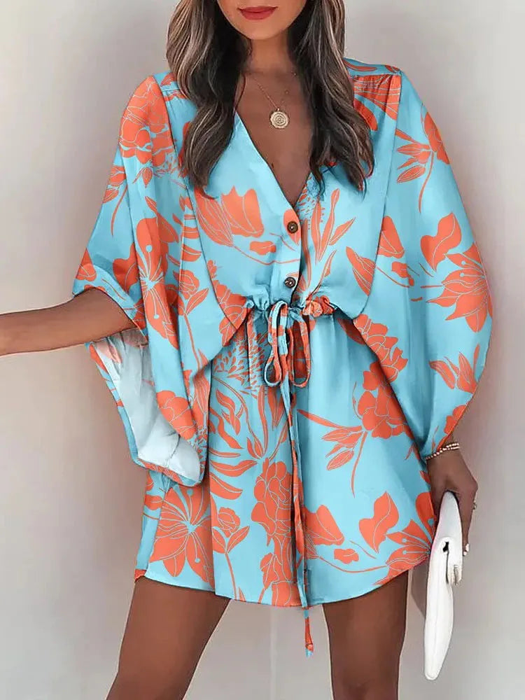 Summer Casual Dress Women Fashion Flying Sleeve V-neck Print Beach Party Dresses Elegant Lace Up Mini Dress Robe Femme 2023 New - Seprincess