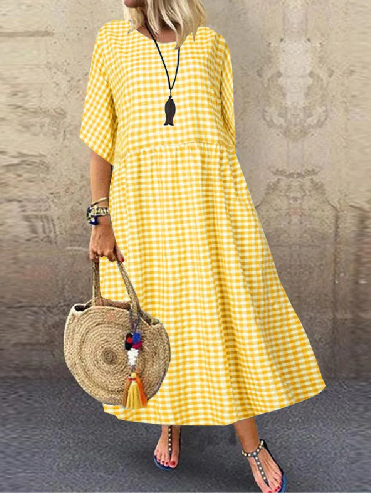 ZANZEA Women 2024 Summer Bohemian Maxi Dress Elegant Plaid Check Printed Robe Fashion Casual Holiday A Line Long Dress Oversize - Seprincess