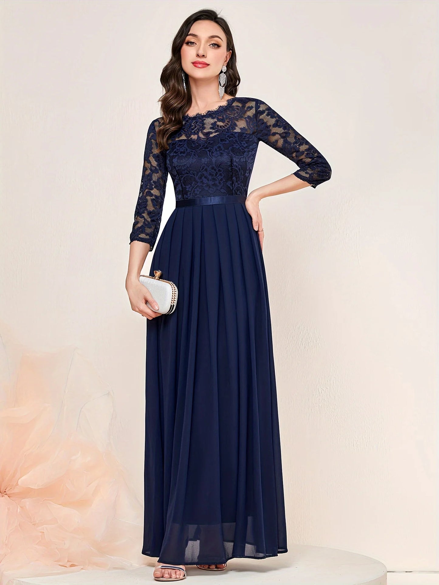 Contrast Lace Pleated Elegant Solid 3/4 Sleeve Party Maxi Formal Evening Dress