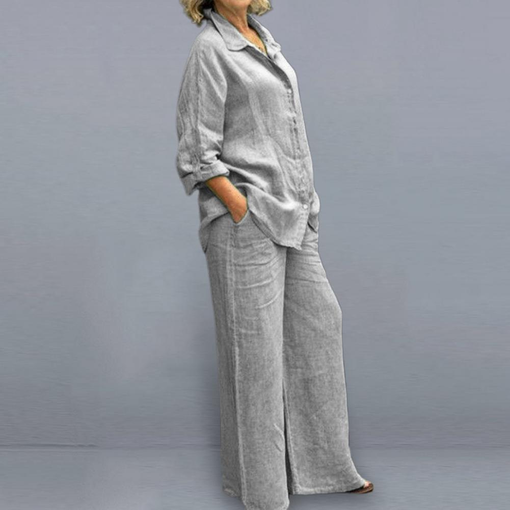 Women Cotton Linen Suits 2023 Elegant Solid Long Sleeve Shirt Wide Leg Trousers Two Piece Set Female Casual Straight Pants Suits - Seprincess