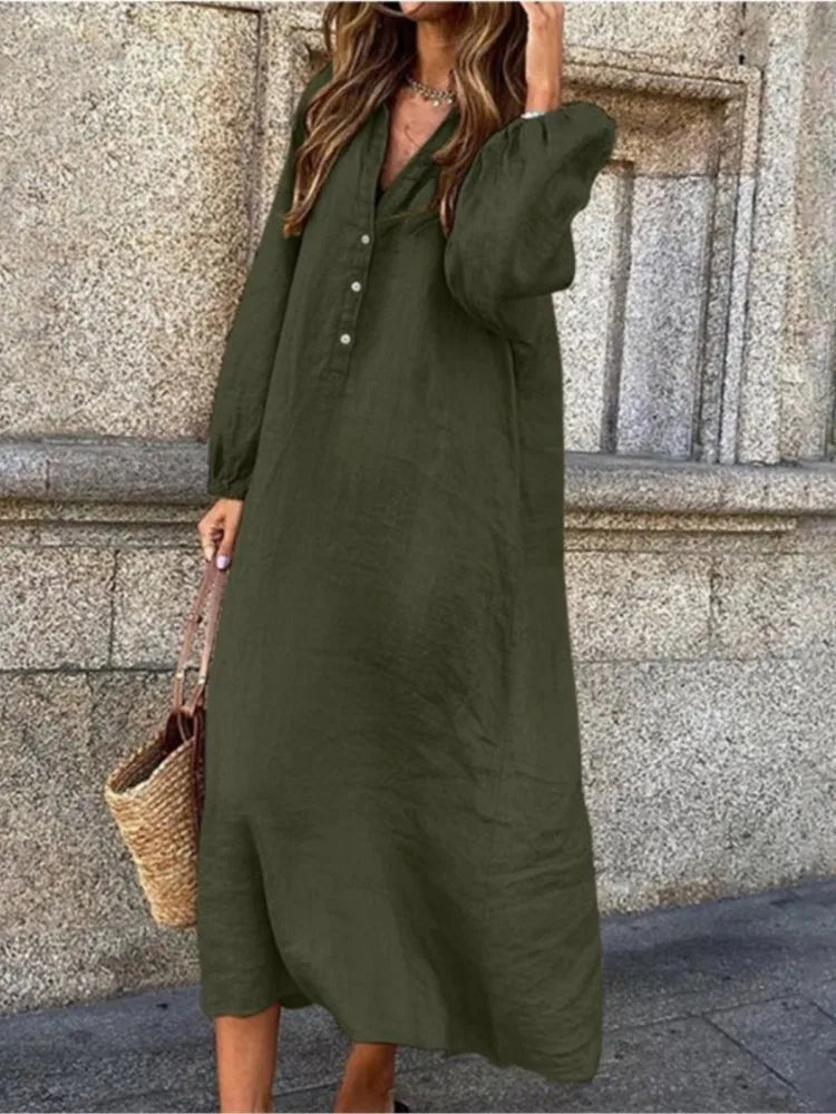 Women's Autumn New Cotton Linen Solid Color Long Sleeved Sexy V-neck Fashionable Button Long Casual Loose Comfortable Dress - Seprincess