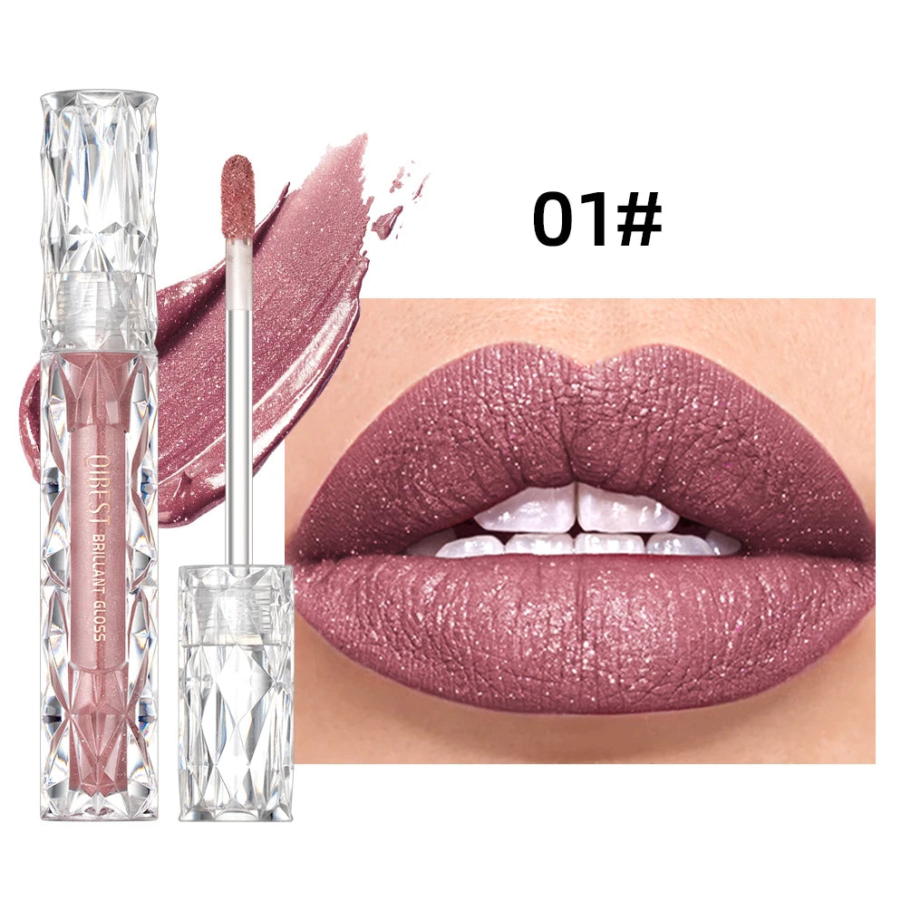 QIBEST Shimmer Lip Gloss Diamond Glitter Lip Tint Waterproof Long Lasting Matte Liquid Lipstick Red Purple Lipgloss Women Makeup