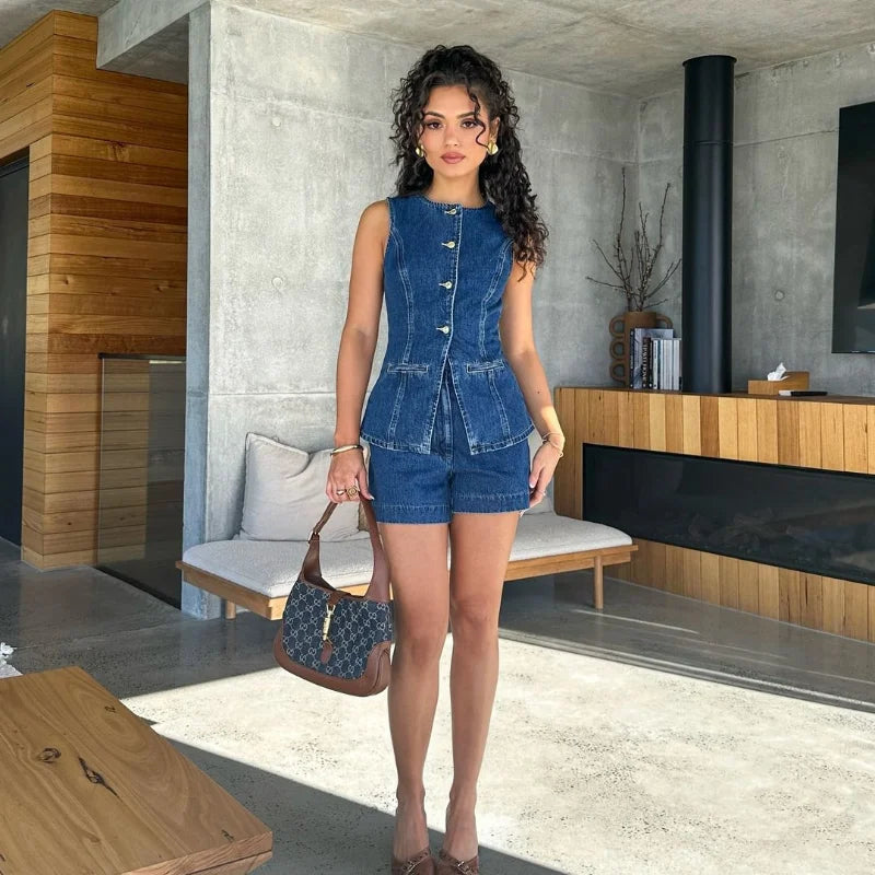 Casual Denim Shorts Sets for Women Sleeveless Single Breasted Split Top Vest High Waist Wide Leg Shorts Suit Female Lady Set