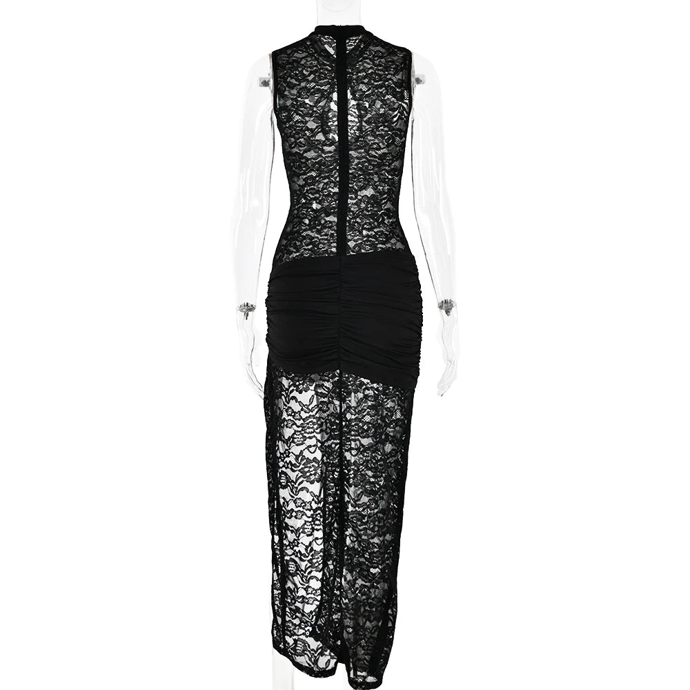 Fantoye Sexy Hollow Out High Slit Lace Women Maxi Dress Black See Through Evening Dress Female Autumn New Elegant Party Clubwear - Seprincess