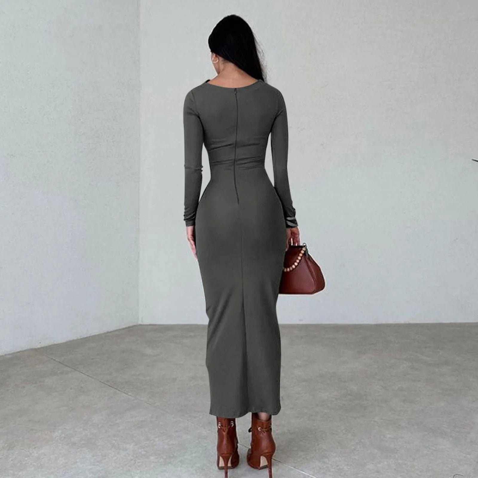 Women Bodycon Maxi Dresses Fall New Long Sleeve Sexy Ruched Neck Slim Fit Cocktail Party Dress Elegant Gentle Temperament Dress - Seprincess