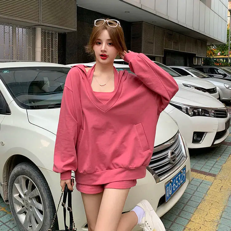 Spring Autumn Korean Version Solid Color V-neck Loose Hooded Coat New Slim Sexy Vest Casual Sweet Two Piece Women Clothing - Seprincess