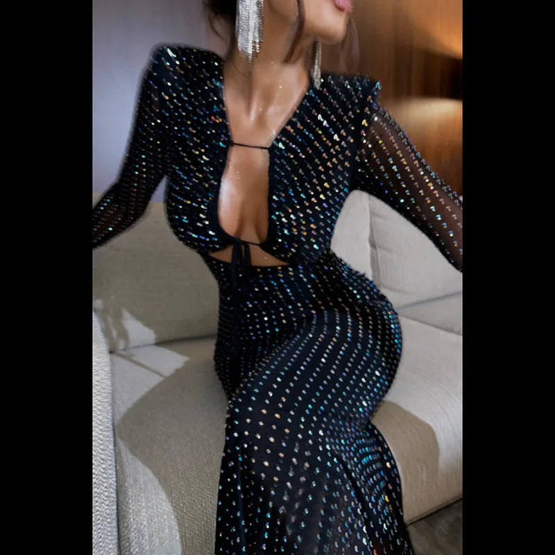 Cryptographic Fashion Sequins Tie Front Maxi Dress for Women Elegant Party Club Outfits for Women Long Sleeve Bandage Dresses - Seprincess