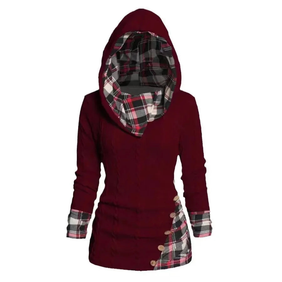 2024 Autumn Winter Chic Plaid Hooded Dress Women Knit Sweater Long Sleeve A Line Style With Trendy Splicing Perfect Casual Wear - Seprincess