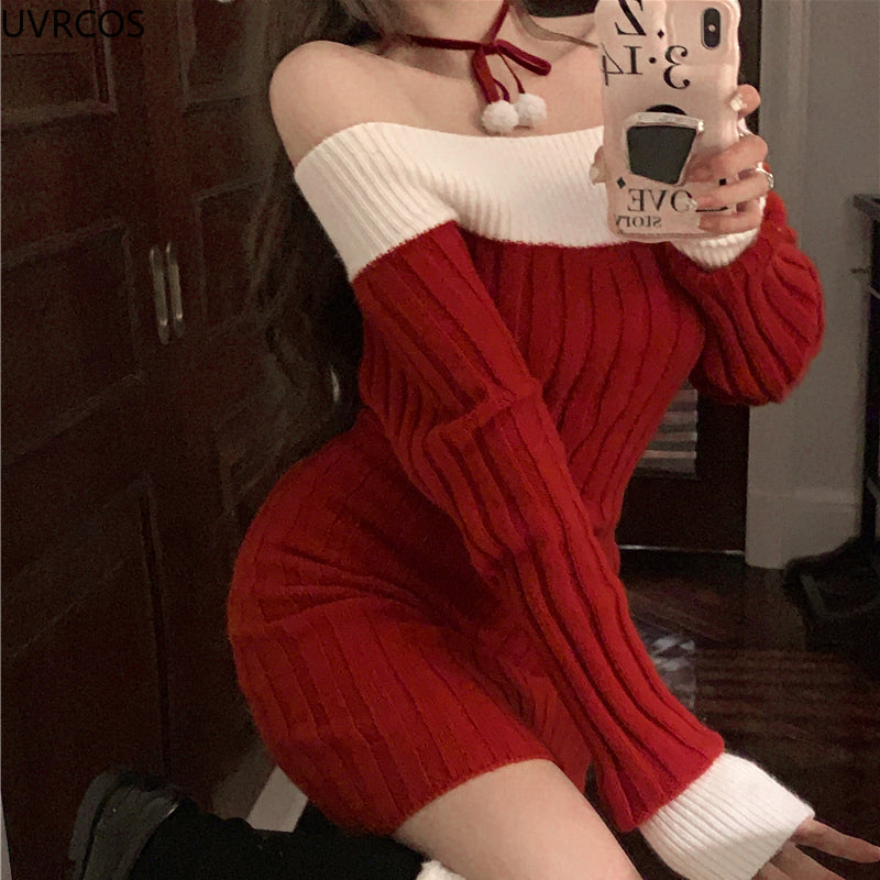 Sexy Red Christmas Dress Women Autumn Winter Korean Style Slash Neck Bodycon Knitted Dresses Female Elegant Y2k Party Mini Dress - Seprincess