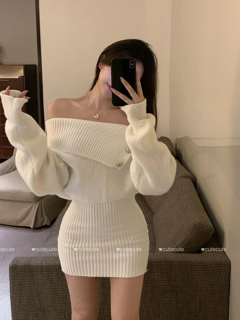 White Knitted Mini Dress Women Fashion Sexy Black Slash Neck Wrap Sweater Dresses Winter Korean Elegant Bodycon A Line Vestidos - Seprincess