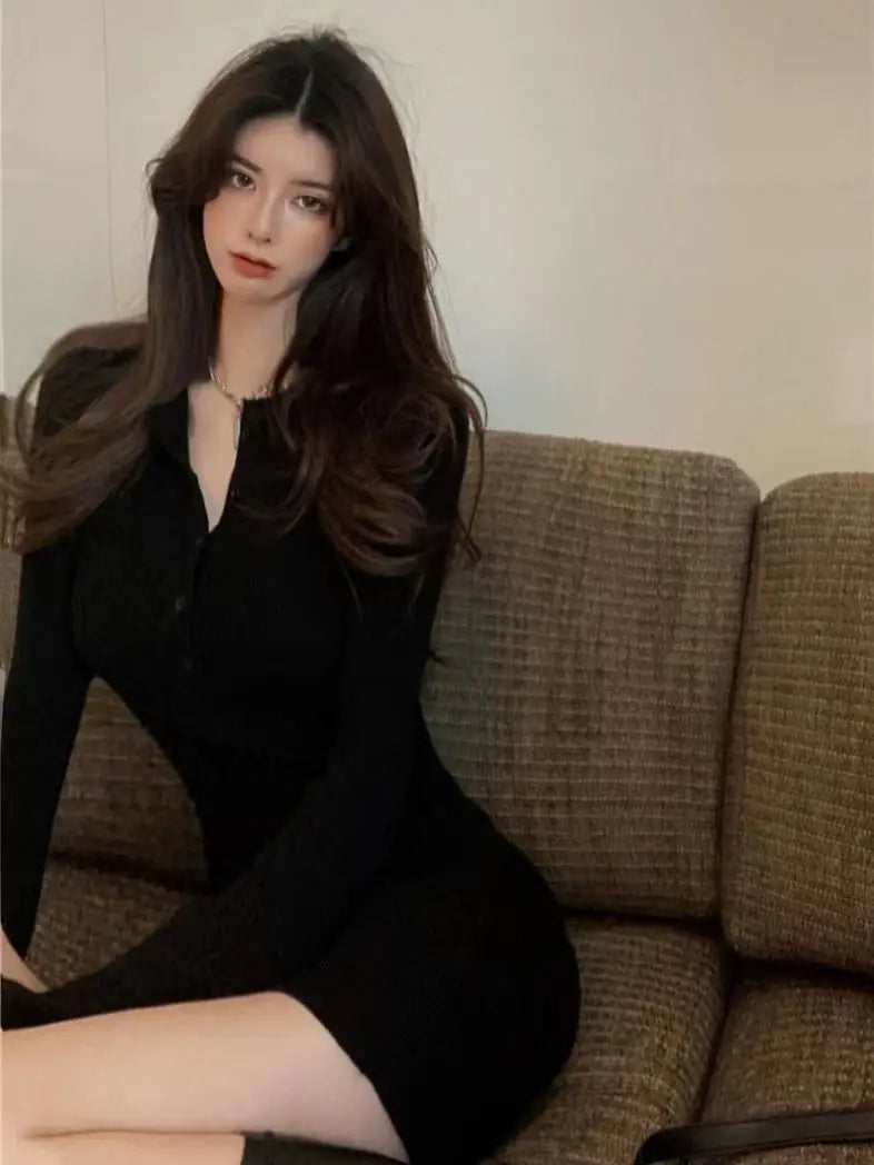 Gagarich Woman Korean High-end Waist Hot Girl Black Hip Dress Autumn Winter New Style Long Sleeved Knitted Short Vestidos - Seprincess