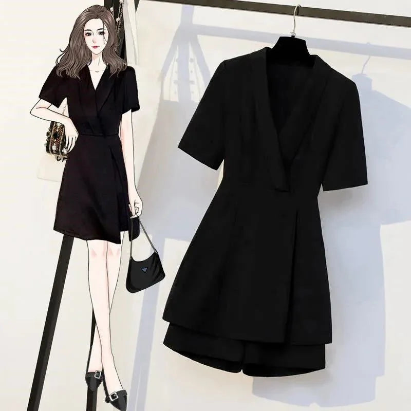 Trend Women's Summer Suit Silk Chiffon Dresses Woman 2024 Satin Casual Loose New Two-piece Dress Linen Short Mini Black Hit Cool - Seprincess