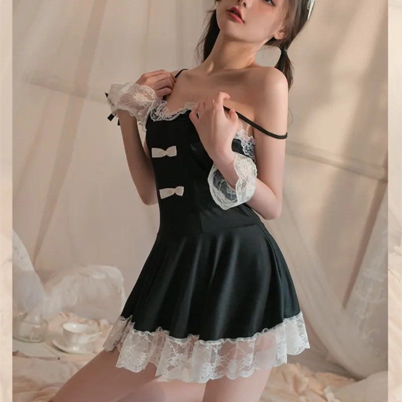 Sexy lingerie dress Lace suspender bow maid uniform set lolita costumes fetish sexy womans clothing Dresses gala xxx Sexy bra - Seprincess