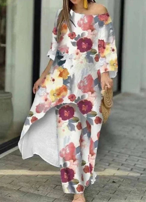 Two Piece Set Women Outfit 2023 Spring Fashion Casual Loose Irregular Print Round Neck Long Sleeve Top & Wide Leg Pants Suit - Seprincess